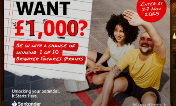 two students sitting together outside with text want £1,000